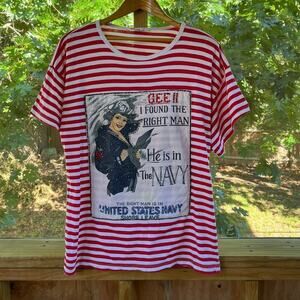 Pinky Women's Vintage Red And White Striped Patriotic Navy Tee Size L